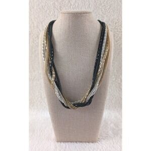 Multi-Strand Mesh Chain Necklace – Black, Gold & Silver Tone Braided Design –...